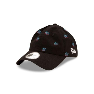 Miami Marlins Gorra | New Era MLB All Over Logo Casual Classic Adjustable Cap Mexico - Negros
